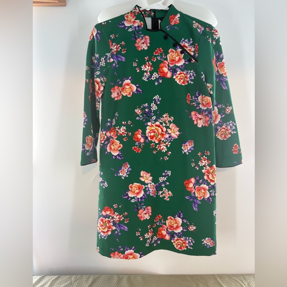 Zara Woman Green Floral Shift Dress - Elegant Garden Print Mandarin Collar Sz XS